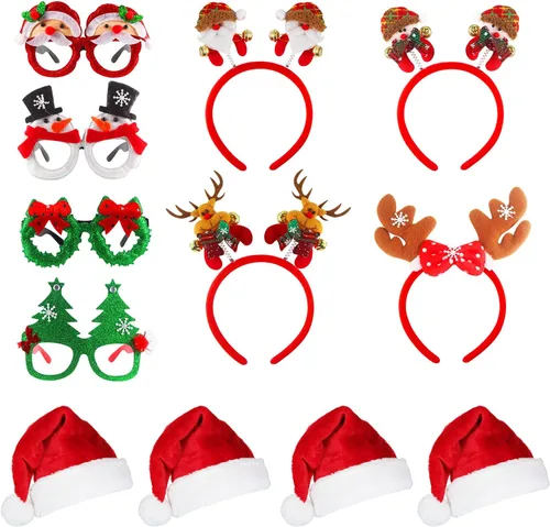 Juego de 12 diademas y sombreros de Navidad para fiestas, decoración navideña para fiestas de temporada navideña y accesorios para cabina de fotos