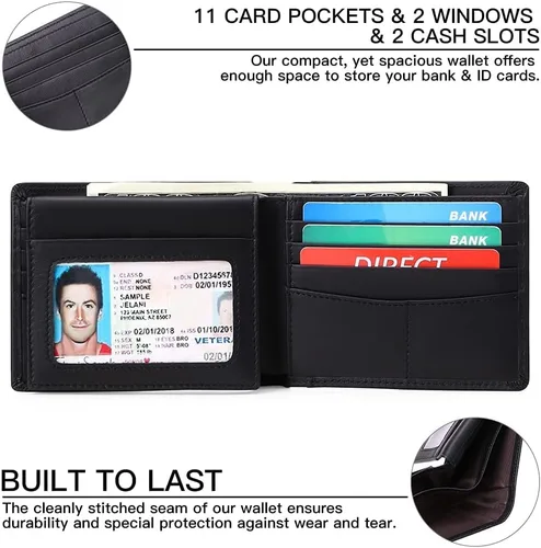 Miniatura 4 de GOIACII - Elegante cartera de cuero genuino para hombre, tarjetero espacioso con bloqueo RFID, doble blando, 2 tarjetas de identificación