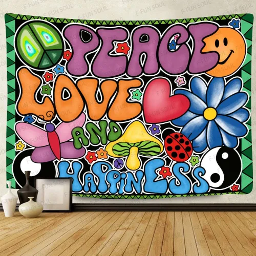 F-FUN SOUL Tapiz de paz amor y felicidad, tapices geniales, 40 x 30 pulgadas, tapices temáticos de los años 70, tapiz estético hippie para colgar en