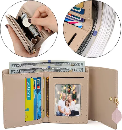 Miniatura 3 de UTO - Cartera pequeña RFID de piel sintética con dije de hoja, cierre de cremallera y tarjetero.