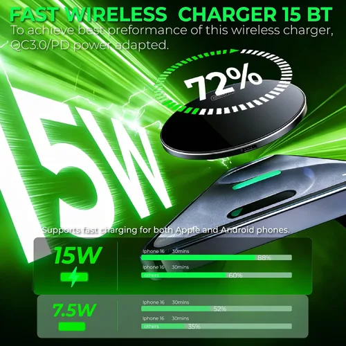 Miniatura 3 de Cargador inalámbrico rápido de 15 W, compatible con teléfonos Samsung S25/iPhone 17/Android y AirPods/Galaxy Buds, almohadilla de carga