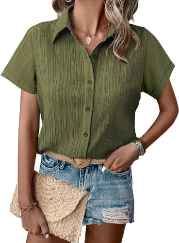 Miniatura 14 de HOTOUCH Camisa de vestir de manga corta con botones para mujer, cuello en V, con botones, para verano, con textura, para el trabajo