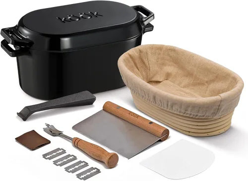 Miniatura 10 de KooK Horno holandés, para hornear pan, molde para pan de masa madre, con tapa, asas dobles, hierro fundido esmaltado, incluye palanca de tapa, apto