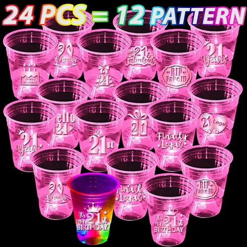 Miniatura 5 de mishunyus Paquete de 24 vasos de fiesta de cumpleaños 21 para mujer, vasos de plástico rosa de 16 onzas con diseños de lámina de oro rosa