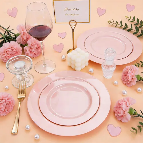 Miniatura 5 de FLOWERCAT 60 platos de plástico rosa, platos rosados resistentes desechables para fiestas de primavera y día de la madre/boda, para 30 invitados
