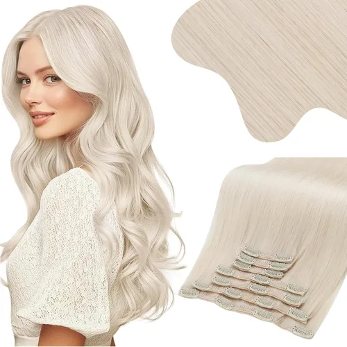 Miniatura 56 de Moresoo Extensiones de cabello humano Remy con clip, color rubio platino, extensiones de cabello humano real de doble trama, color rubio #60, 18