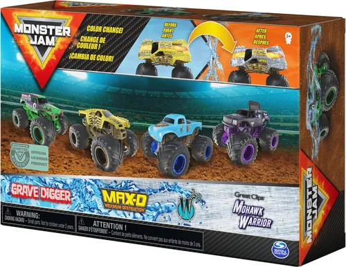 Miniatura 5 de Monster Jam, Official Reveal The Steel - Paquete de 4 camiones monstruo fundidos a presión que cambian de color, escala 1:64 (6058463)
