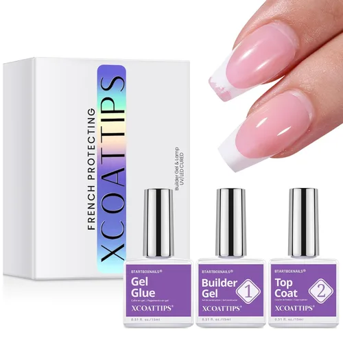 Miniatura 20 de BTArtboxnails XCOATTIPS - Uñas a presión, puntas cortas de almendra con gel de uñas, dúo protector francés, lámpara de uñas, gel suave todo en uno