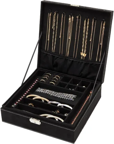 Miniatura 9 de Caja organizadora de alhajas con dos capas con cerradura y llave, textura de terciopelo, charola extraíble, compacta, amplio espacio de Negro