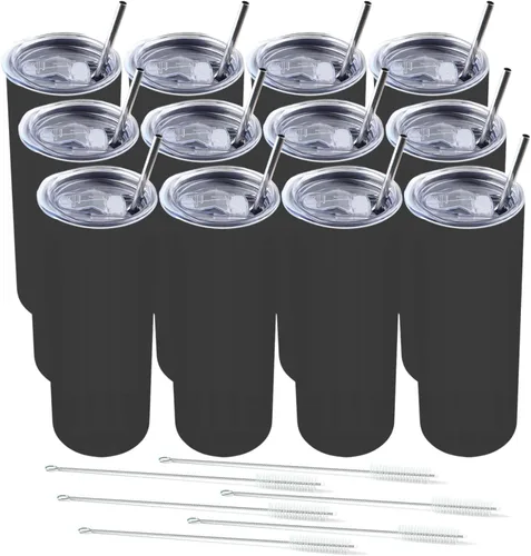Miniatura 10 de Amtidy Paquete de 12 vasos delgados de 20 onzas con tapa y popote, vaso aislado al vacío de doble pared para bebidas frías y calientes