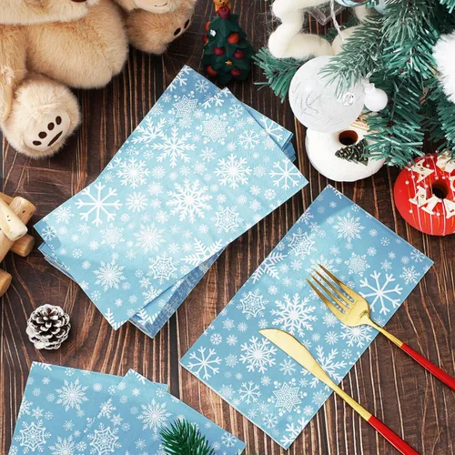 Miniatura 4 de Servilletas de papel desechables de 3 capas de copos de nieve de color azul cielo, servilletas de papel desechables para cena, suministros de fiesta