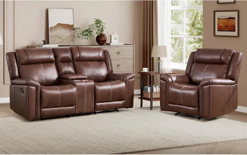 Miniatura 21 de EBELLO Sofá reclinable de cuero sintético de 3 plazas, sofá reclinable manual, silla de 3 asientos de estilo moderno de mediados de siglo con Marrón
