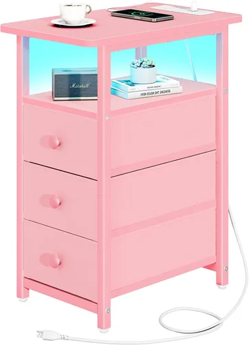 Miniatura 10 de Yoobure Mesa Auxiliar con Estación de Carga, Mesa Auxiliar Estrecha LED para Cama, Mesa Nocturna Pequeña para Sala de Estar, Mesita de Noche delgada