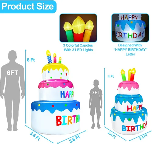 Miniatura 4 de Decoraciones inflables de pastel de cumpleaños feliz de 4 pies para exteriores con luces, decoración hinchable de fiesta de cumpleaños de días