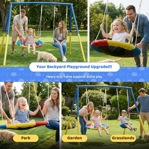 Miniatura 3 de DECORLIFE Juegos de columpios para patio trasero, 700 libras de metal resistente con marco en A para exteriores con columpio de platillo de 32