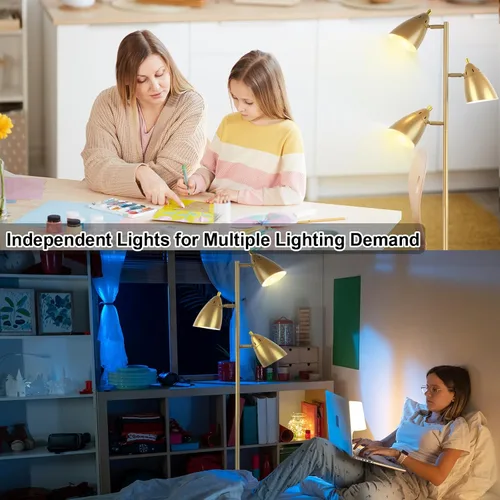 Miniatura 7 de Lámpara de pie estilo árbol LALISU para sala de estar, lámpara de pie industrial de 3 luces con 3 bombillas LED, cabezas giratorias ajustables