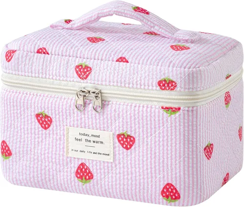 Miniatura 11 de HBselect Bolsa de Maquillaje Acolchada, Bolsa de Maquillaje Grande de Algodón para Viaje, Lindas Bolsas de Maquillaje con Flores Coquette, Bolsas