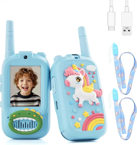 Walkie Talkies de video para niños, paquete de 2 walkie talkies para niños con bonita cubierta de silicona, cambiador de voz, rango de 1000 pies,