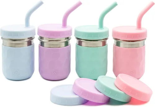 Miniatura 12 de WeeSprout Vasos 2 en 1 para niños, vaso de acero inoxidable duradero para batidos, pajitas de silicona con tapones, tapas giratorias de plástico