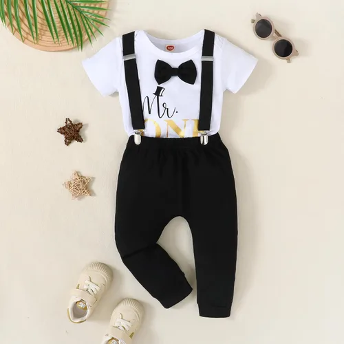 Miniatura 6 de Conjunto divertido de ropa de primer cumpleaños para bebé niño, con corbatín y estampado de dinosaurio, conjunto de pantalones con tirantes