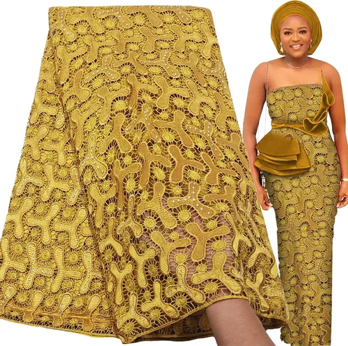 Miniatura 9 de Bestway Diamantes de imitación solubles en agua de moda Bordado con agujeros Tela de encaje africano 5 yardas Tela de estilo de fiesta de boda