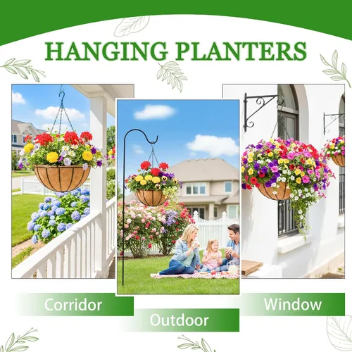 Miniatura 7 de Macetas colgantes para plantas de exterior, paquete de 4 cestas colgantes de metal de 12 pulgadas con forro de fibra de coco y alambre para plantas