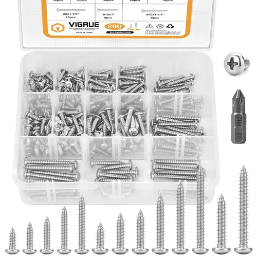 VIGRUE 290 piezas #6#8#10 Kit surtido de tornillos para madera con cabeza plana, surtido de tornillos autorroscantes de acero inoxidable 304