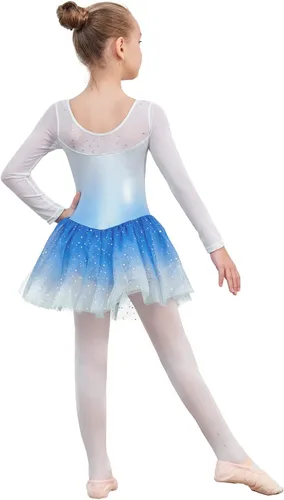 Miniatura 118 de EQSJIU Leotardo de baile de manga larga para niñas, vestido de ballet brillante con copo de nieve, tutú con falda tutú para niñas