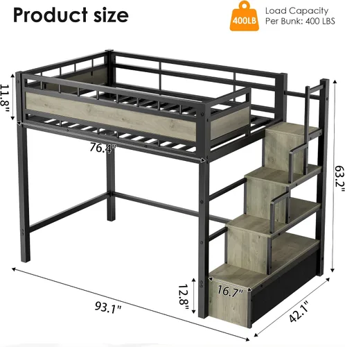 Miniatura 2 de soges Cama loft de tamaño twin con colchón incluido, cama alta todo en uno para niños y adultos, con escaleras y cajones de almacenamiento, base