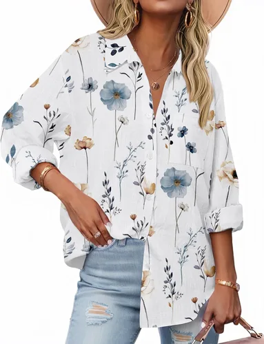 Miniatura 22 de Zeagoo - Blusas de lino con botones para mujer, de gasa, algodón, manga larga, blusas informales con cuello, corte holgado