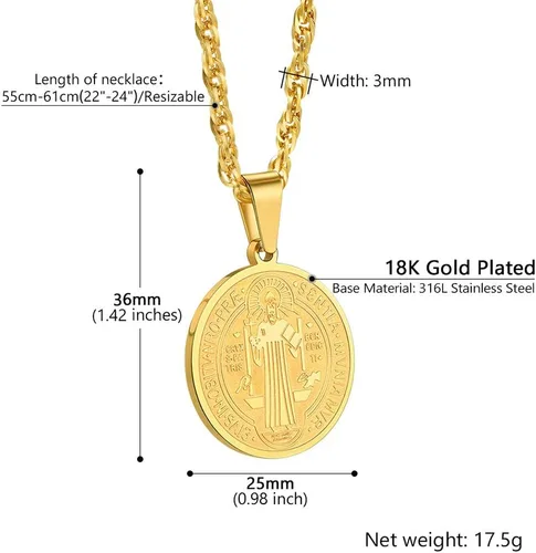 Miniatura 6 de PROSTEEL Collar con medalla de San Benito de acero inoxidable, joyería de protección para hombres y mujeres, chapado en oro real de 18 quilates