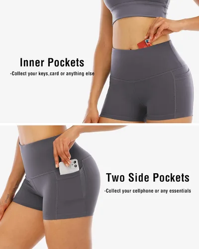 Miniatura 2 de CHRLEISURE Paquete de 4 pantalones cortos de yoga de elastano con bolsillos para mujer, pantalones cortos de entrenamiento de cintura alta