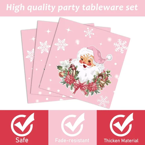 Miniatura 4 de Juego de vajilla rosa para fiesta de Navidad, 96 piezas, suministros de fiesta de copos de nieve de Papá Noel, platos desechables para árbol