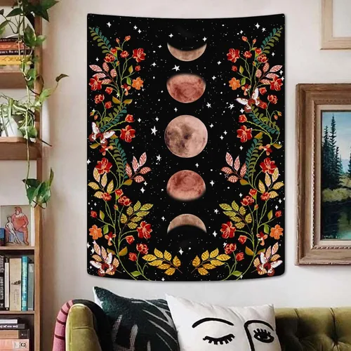 Miniatura 9 de Lifeel - Tapiz de jardín con luz de luna, fase lunar rodeada de vides y flores, tapiz negro para decoración de pared