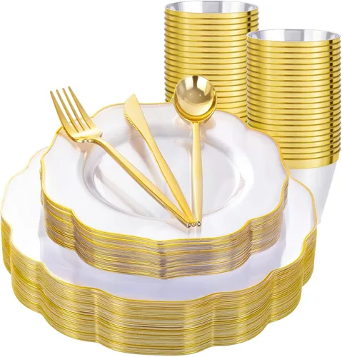 Miniatura 14 de bUCLA 180 piezas platos de plástico azul - azul marino y borde dorado desechables incluye 30 de cada uno (cena y postre) platos, 30 cuchillos, 30