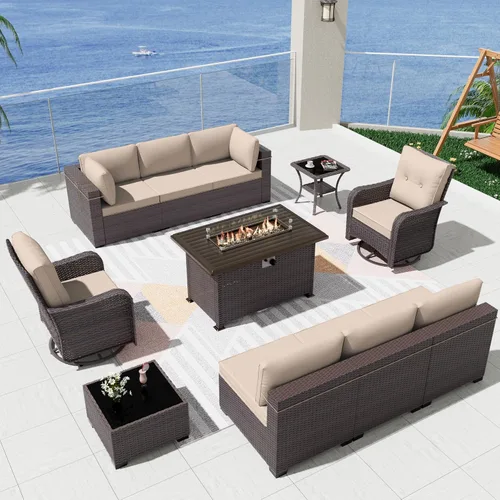 Miniatura 25 de Kurapika juego de muebles de patio 4 piezas de mimbre al aire libre, sillas de ratán, juego informal con mesa de café, juego de bistró con mecedora