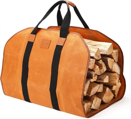 Miniatura 9 de Transportador de madera para leña con asas, bolsa honda plegable de lona de 16 onzas para leña, bolsa de transporte de troncos pesados de calidad