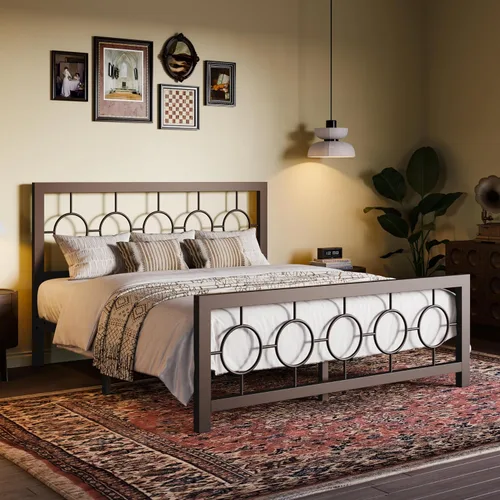 Miniatura 3 de SHA CERLIN Marco de cama de metal tamaño Queen con cabecero y pie de cama de diseño circular vintage, no requiere somier, fácil montaje, sin ruido