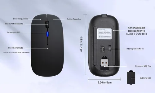 Miniatura 6 de AIKOKOK Ratón inalámbrico Bluetooth recargable para portátil con LED de uso portátil (BT5.2 y USB 2.4G) Modo dual de conexión ratón silencioso