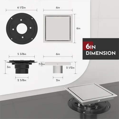 Miniatura 2 de WEBANG - Drenaje de ducha cuadrado de 6 pulgadas cepillado con brida reversible de 2 en 1, cubierta extraíble con inserto de azulejos, rejilla