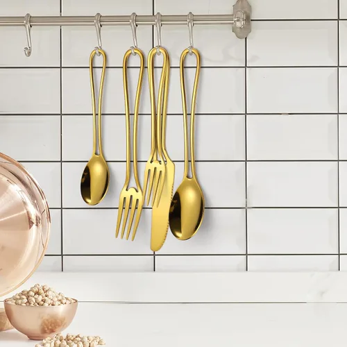 Miniatura 3 de Juego de Cubiertos de Platería Dorados Huecos de 20 Piezas para 4, Cubiertos de Cocina de Acero Inoxidable, Tenedores, Cucharas y Cuchillos, Oro
