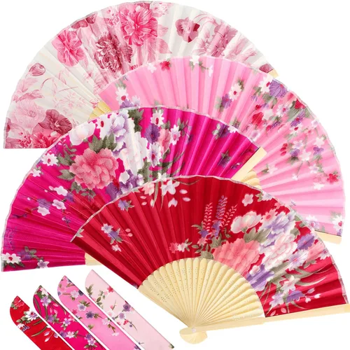 Miniatura 13 de Zonon Paquete de 4 abanicos plegables florales de mano, abanicos de bambú de seda con borla para mujer, ventilador plegable de mano ahuecado
