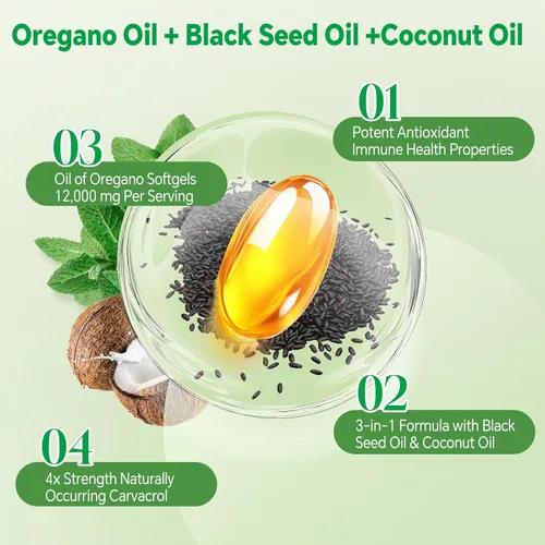 Miniatura 3 de TIMORA Cápsulas blandas de aceite de orégano 40:1 con semillas negras y aceite de coco, 60 unidades Fórmula 3 en 1 para apoyo digestivo e