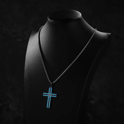 Miniatura 6 de Holizaly Collar de cruz para hombre, colgante de acero inoxidable 316L, color blanco, dorado, negro, azul, caja de regalo incluida