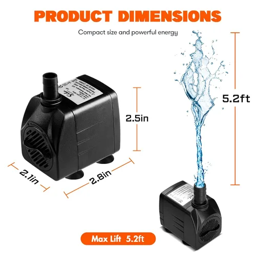 Miniatura 2 de Simple Deluxe Bomba de agua sumergible de 200 GPH (760 L/H, 15 W) con entrada ajustable, elevación de 5.2 pies de alto, 2 boquillas, perfecta