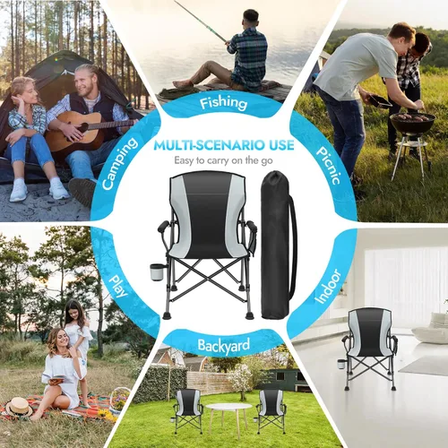 Miniatura 7 de Paquete de 2 sillas de camping plegables de gran tamaño para adultos, soporta 450 libras, silla de camping resistente con bolsillos laterales, silla
