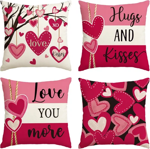 AVOIN colorlife - Juego de 4 fundas de cojín con texto de "Valentine's Day Hugs and Kisses Love You More" en rosa con rayas en forma de corazón,