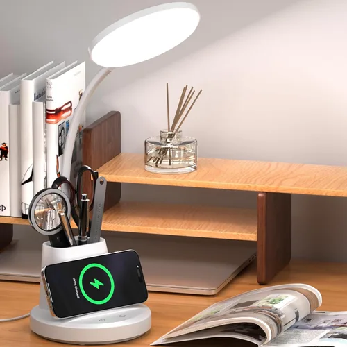 Miniatura 11 de Lámpara de escritorio Vicsoon con cargador inalámbrico, lámpara de escritorio LED para oficina en casa con soporte para bolígrafo, luz de escritorio