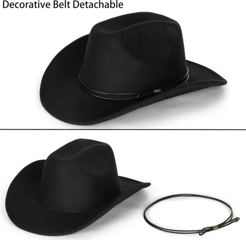 Miniatura 7 de Sombrero de vaquero clásico de fieltro occidental para mujeres y hombres de ala ancha con hebilla de cinturón (tamaño: mediano-grande)