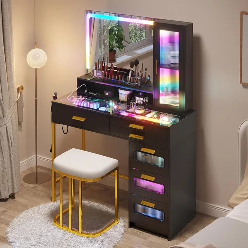 Miniatura 11 de HNEBC - Mesa de tocador RGB con espejo y luces, mesa de maquillaje con espejo LED y estación de carga USB/inalámbrica, juegos de mesa de tocador